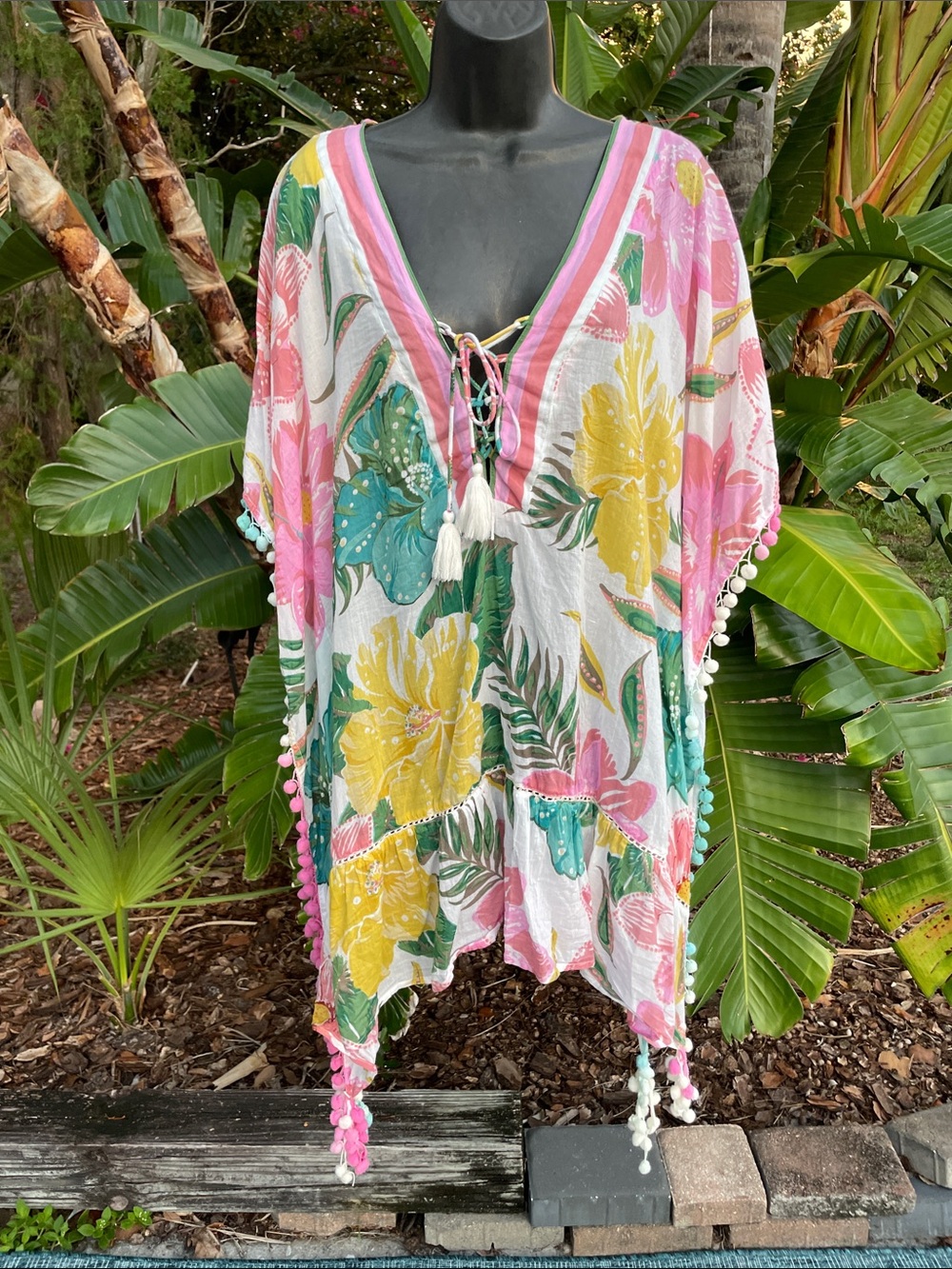 ZNL floral swim cover-up with pom-pom trim